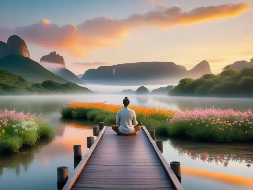 Práctica de mindfulness en el Río de la Plata al amanecer, con una vista serena y dorada sobre el agua tranquila y colorida