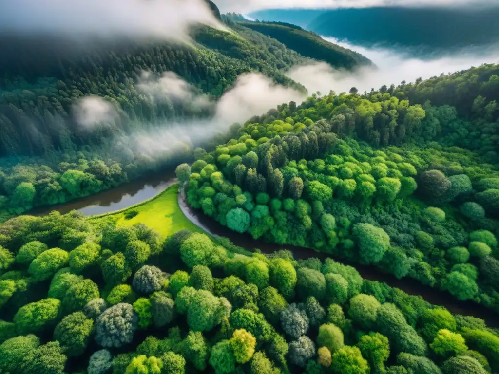 Un río serpenteante entre exuberantes paisajes verdes, iluminados por el sol