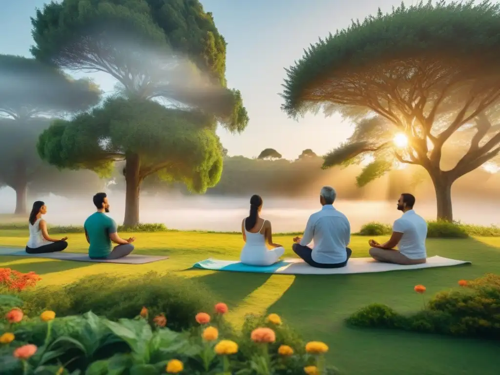 Meditación Rioplatense en Uruguay: Grupo diverso medita al atardecer en un parque verde y florido, transmitiendo paz y armonía