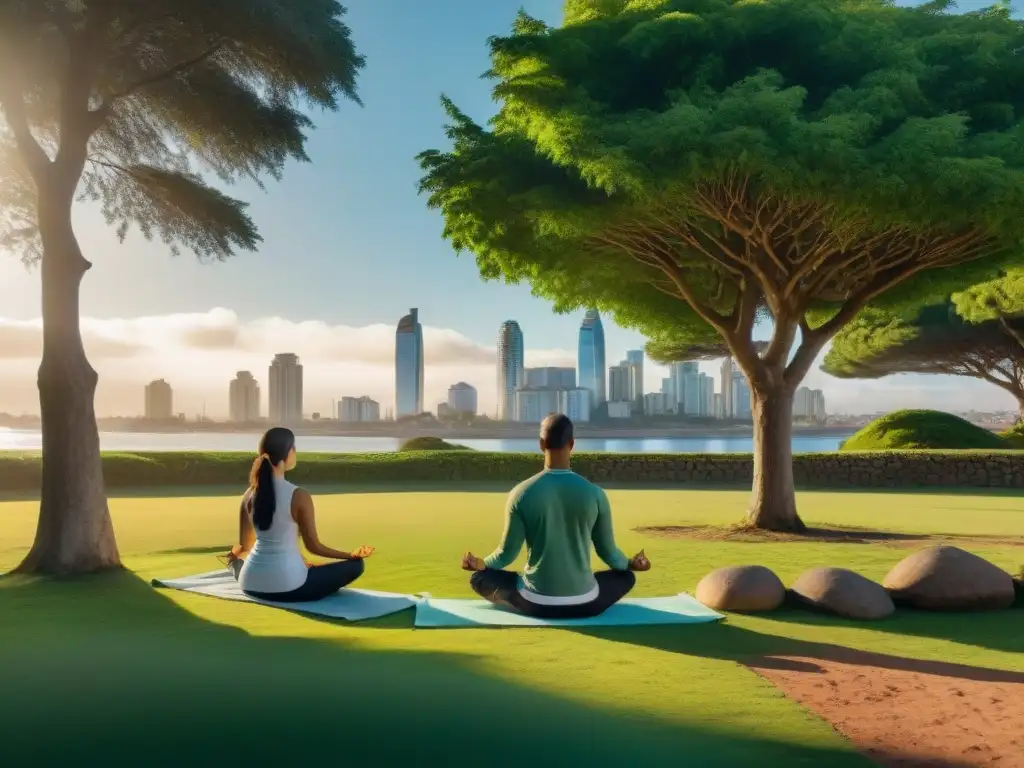 Meditación Rioplatense en Uruguay: Grupo diverso medita en parque verde de Montevideo