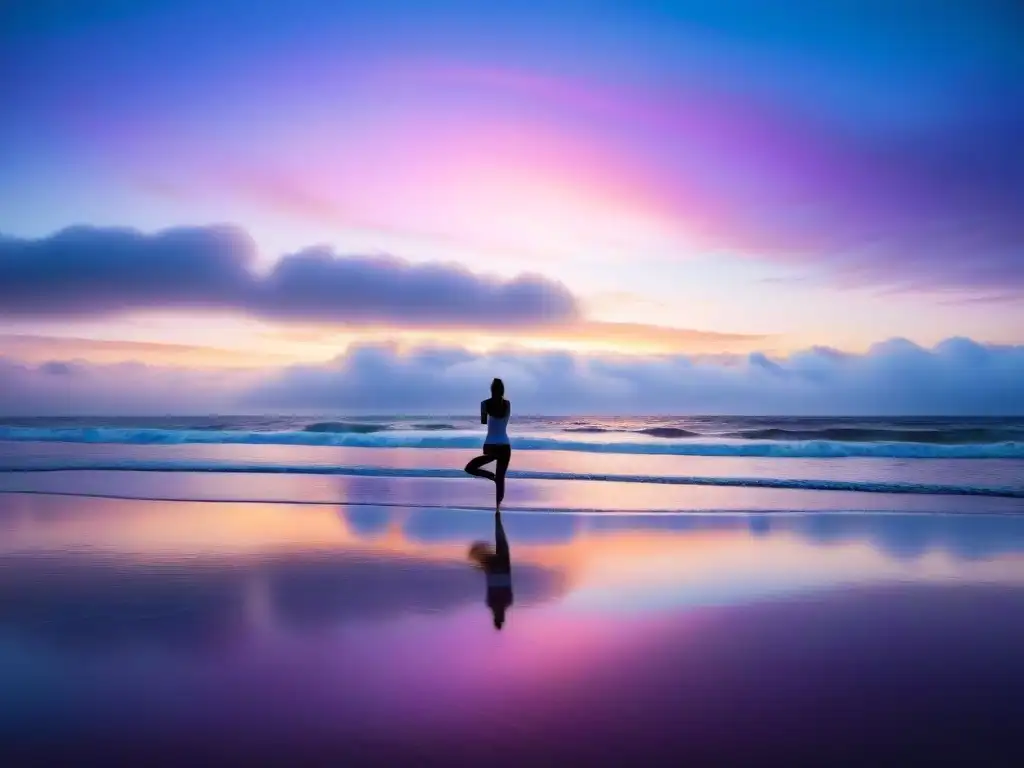 Ritual matutino de bienestar integral en la playa de Uruguay al amanecer, con colores pastel y tranquilidad