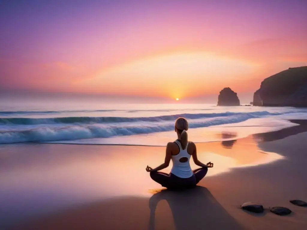 Yoga al amanecer en Rocha: persona en silueta practicando yoga en la playa al amanecer, bajo cielo pastel y sol dorado