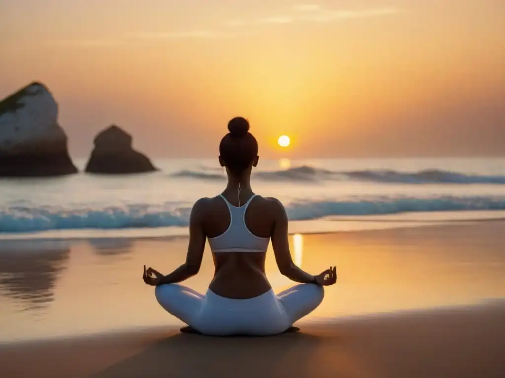 Practica yoga al amanecer en Rocha, con el sol despertando y el mar en calma