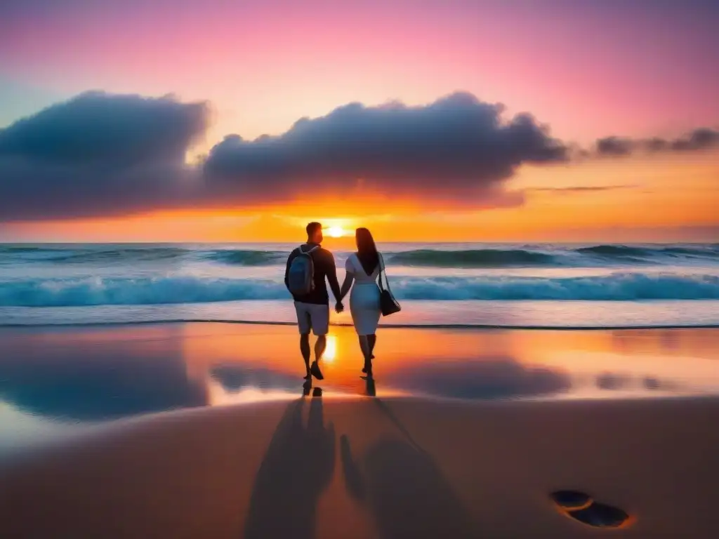 Romántico atardecer en la playa de Uruguay, fortaleciendo relaciones personales con colores cálidos y siluetas unidas