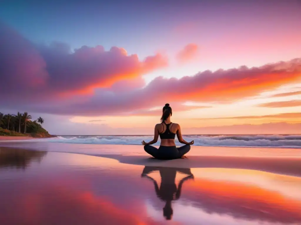 Rutinas matutinas bienestar Uruguay: Persona practicando yoga en una playa serena al amanecer, rodeada de palmeras