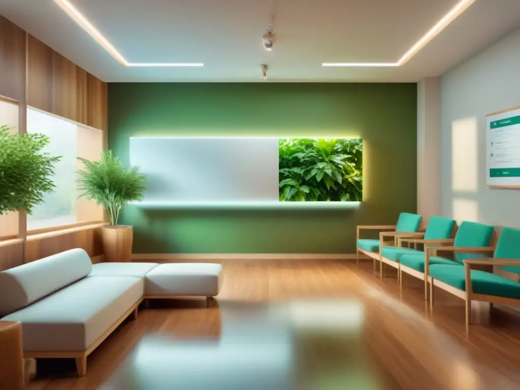 Sala de espera de hospital moderno con ambiente acogedor y plantas verdes, promoviendo la salud y comunidad