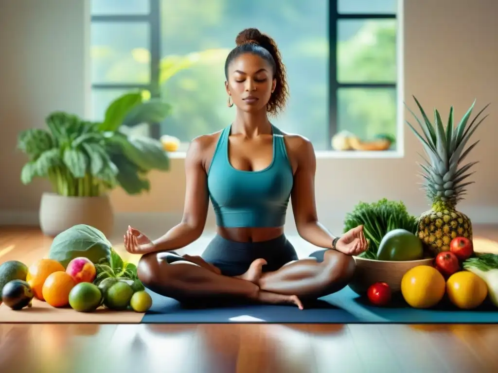 Meditación en sala soleada con frutas y verduras, Recetas alimentación consciente Uruguay