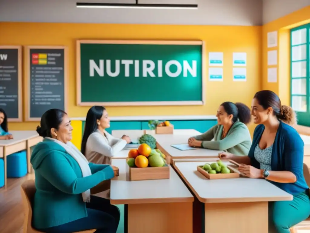 Sala vibrante en Uruguay con estudiantes diversos practicando nutrición integral