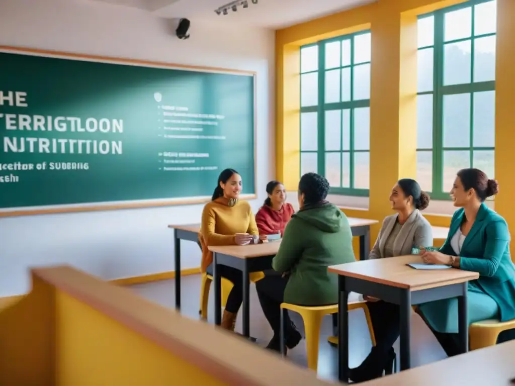 Salón de clase vibrante en Uruguay, enseñanza nutrición integral con estudiantes diversos y comprometidos en lección práctica