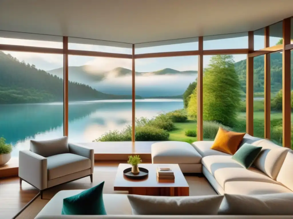 Salón moderno con vista al lago, luz natural y sensación acogedora