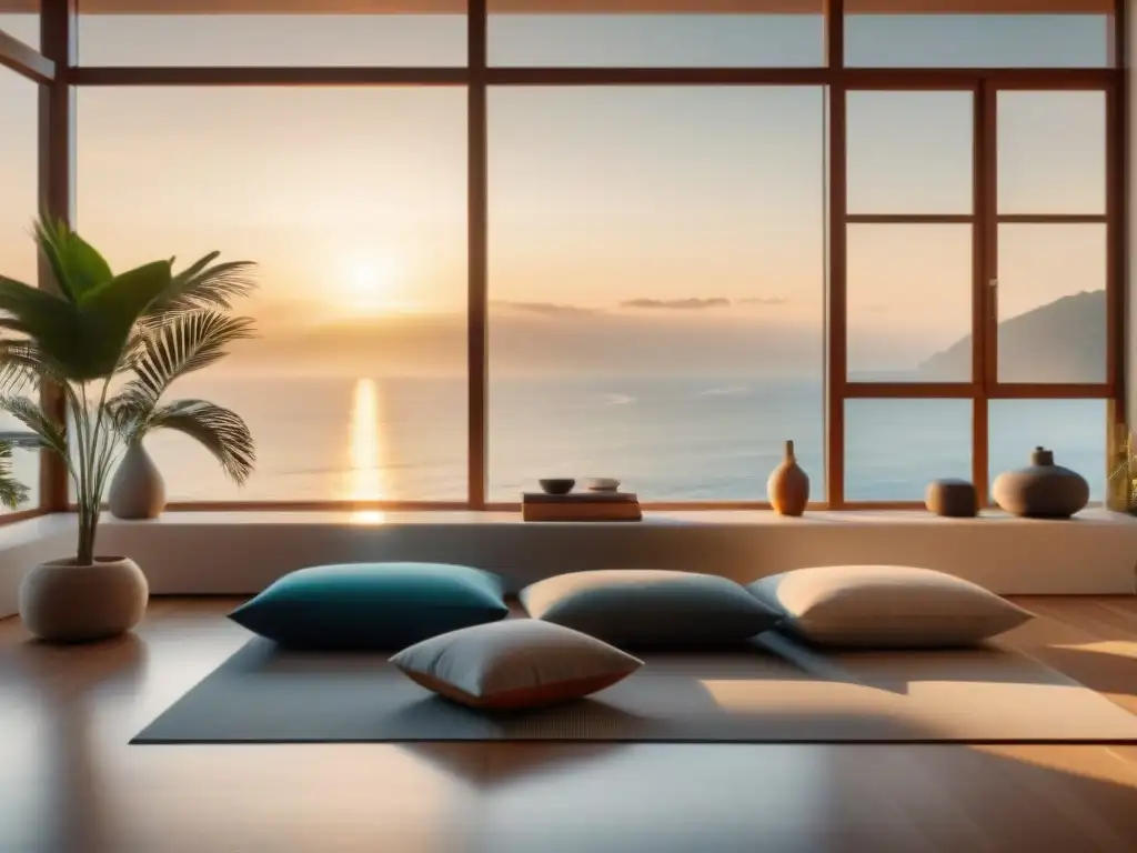 Un salón moderno con vista al mar al amanecer, decorado con elementos de mindfulness para relaciones personales en Uruguay