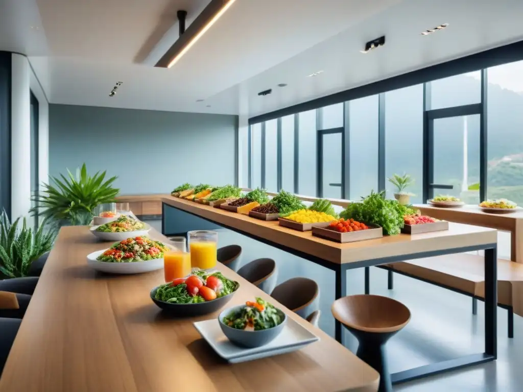 Alimentación saludable en la oficina de Uruguay: Comida balanceada y colorida en un moderno comedor