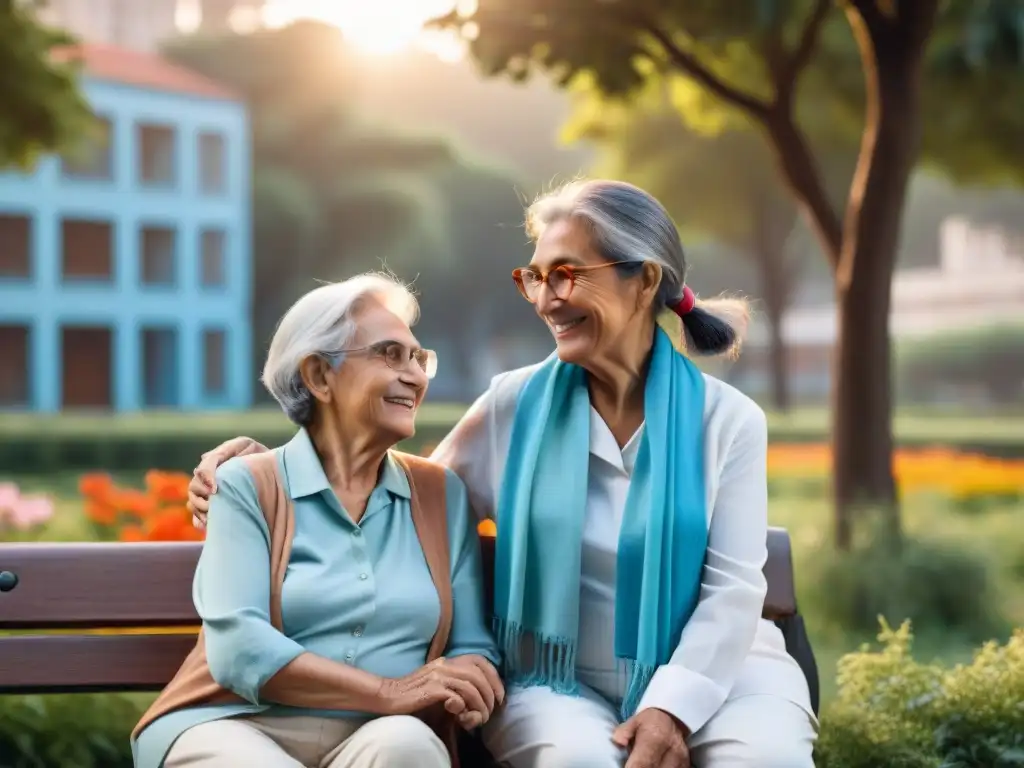 Romance y seguridad: Pareja de ancianos uruguayos sonríe en el parque al atardecer, simbolizando la importancia del seguro de salud en Uruguay