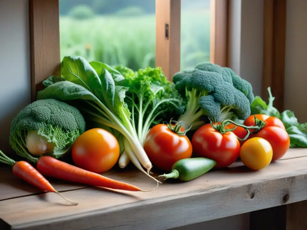 Selección colorida de verduras de temporada en Uruguay, frescas y vibrantes sobre una mesa de madera rústica