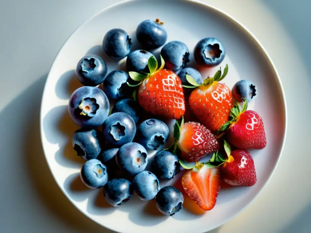 Selección fresca de frutas antioxidantes en plato blanco, evocando vitalidad