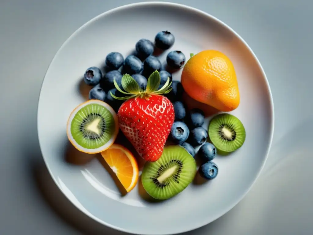 Selección de frutas frescas y coloridas en plato blanco, promoviendo bienestar y salud sin efectos del azúcar en la dieta uruguaya