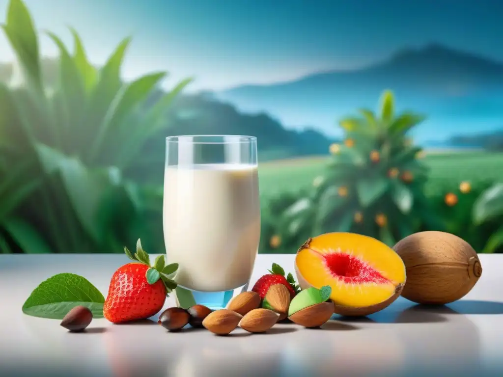 Selección de frutas y frutos secos locales junto a leche vegetal en Uruguay, resaltando sus beneficios para la salud