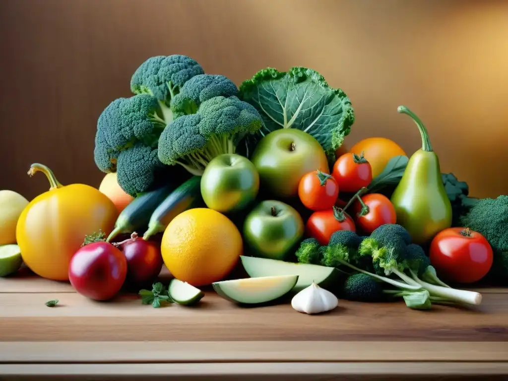 Una selección vibrante de frutas y verduras frescas en una mesa de madera