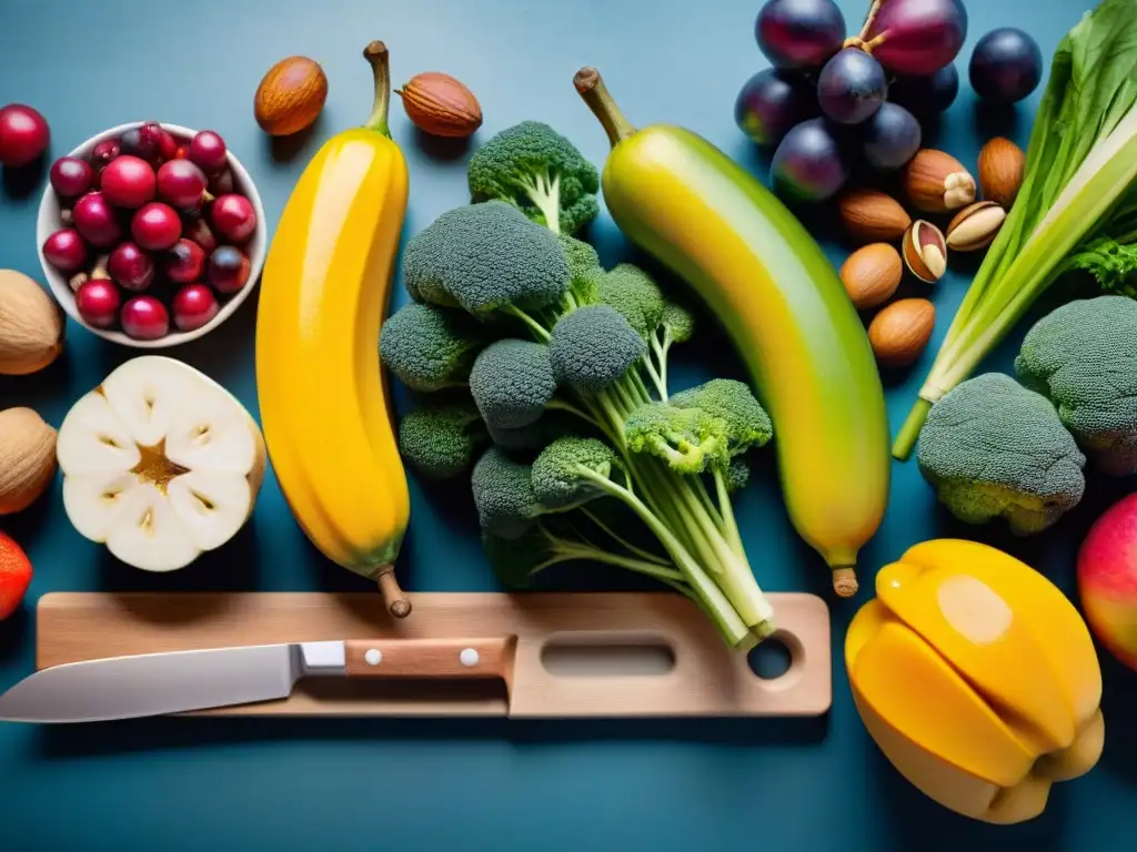 Una selección vibrante de frutas, verduras, frutos secos y semillas frescos en tabla de madera