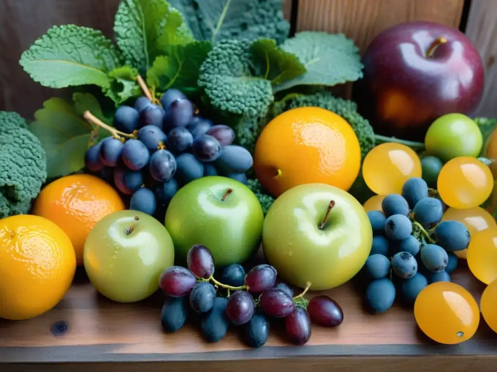 Una selección vibrante de frutas y verduras uruguayas en una mesa rústica, ideal para desintoxicación natural con alimentos uruguayos