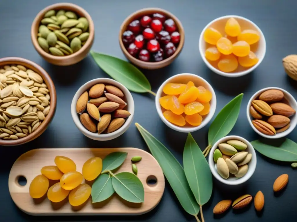 Una selección vibrante y moderna de frutos secos y frutas secas, presentada de forma artística en una mesa de madera