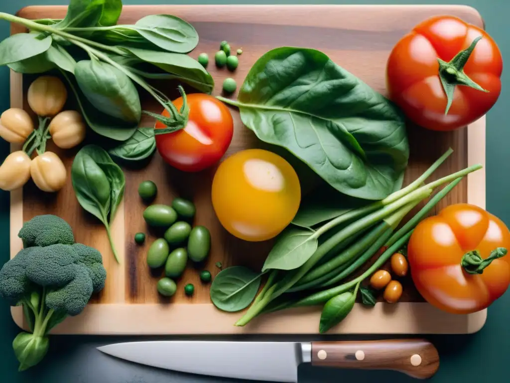 Una selección vibrante de vegetales y legumbres frescos sobre tabla de madera, reflejando la dieta vegetariana equilibrada en Uruguay