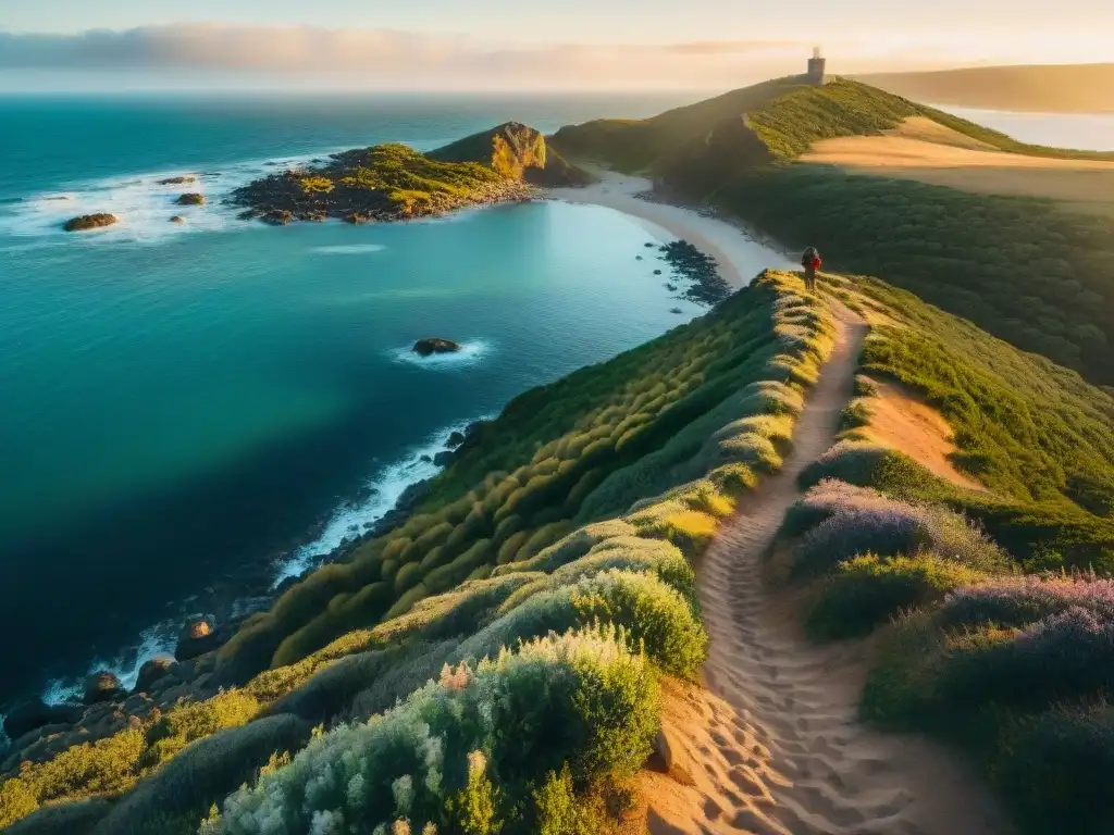 Senderismo en Uruguay: Bienestar integral en la costa al atardecer, hikers disfrutan de la naturaleza y la serenidad