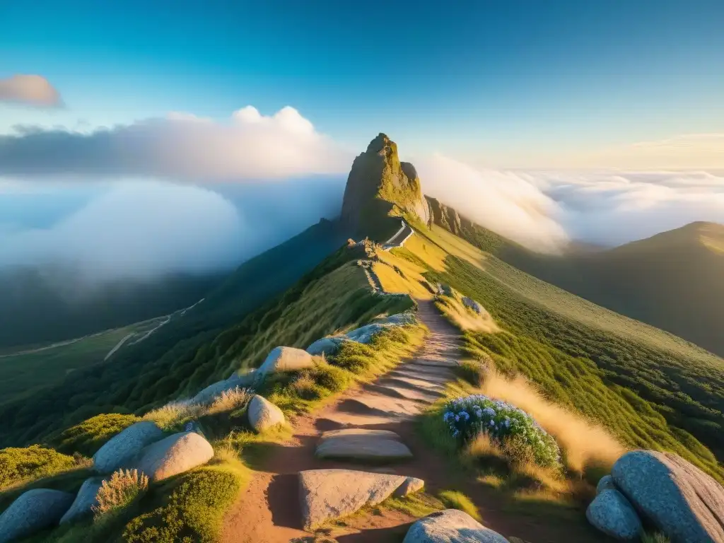 Senderismo en Uruguay: Vista panorámica de Cerro Catedral con exuberante vegetación y grupo de excursionistas en el sendero