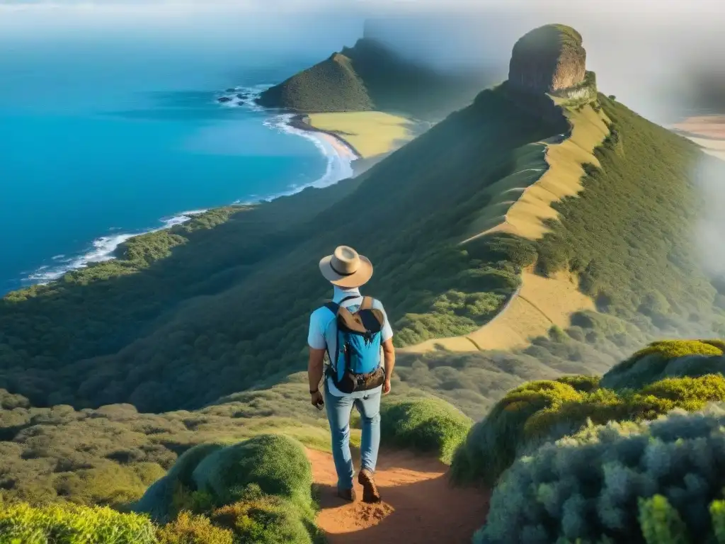 Un senderista contempla el valle desde un acantilado verde en Uruguay