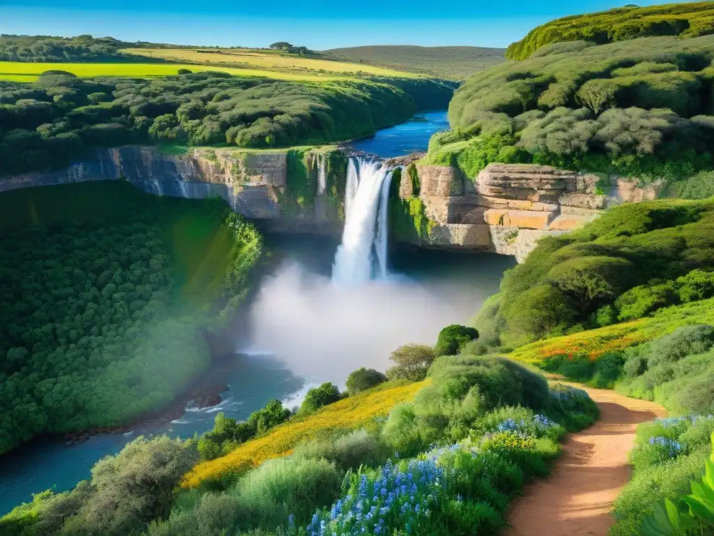 Sendero de senderismo verde en Uruguay con cascada y flores silvestres, hikers disfrutando turismo saludable