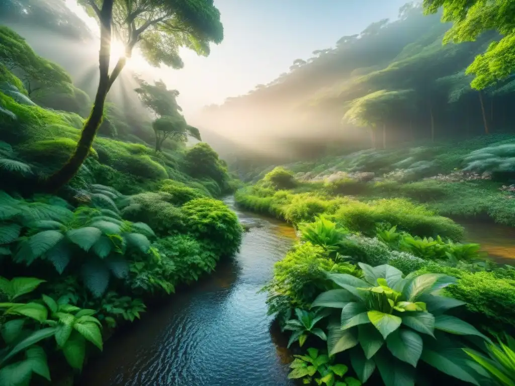 Un sendero sereno en un bosque verde exuberante con luz solar filtrándose a través del dosel, rodeado de flora vibrante y un arroyo tranquilo