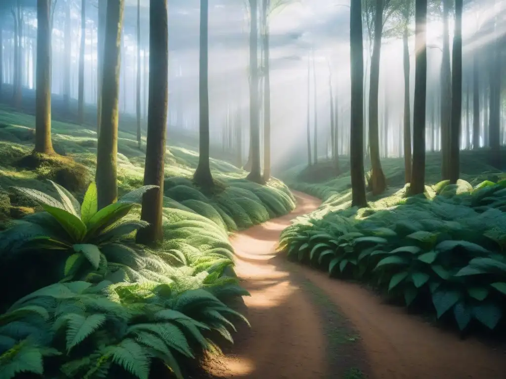 Sendero serpenteante en un bosque exuberante de Uruguay, transmitiendo paz y tranquilidad