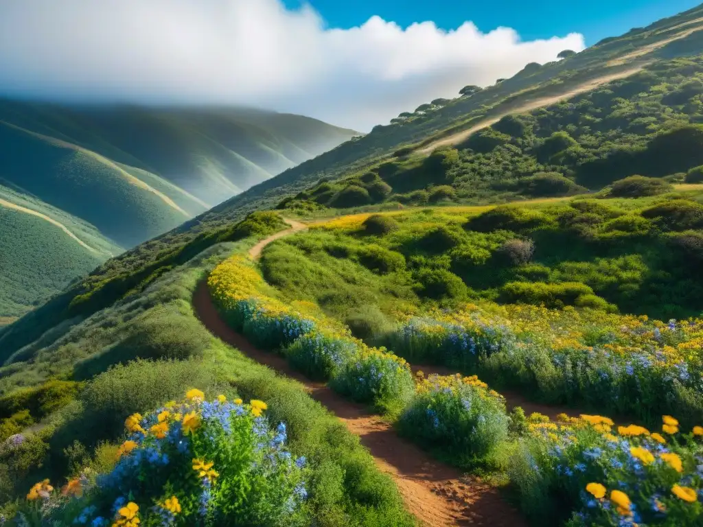 Un sendero serpenteante entre montañas verdes en Uruguay, con flores silvestres y un cielo azul