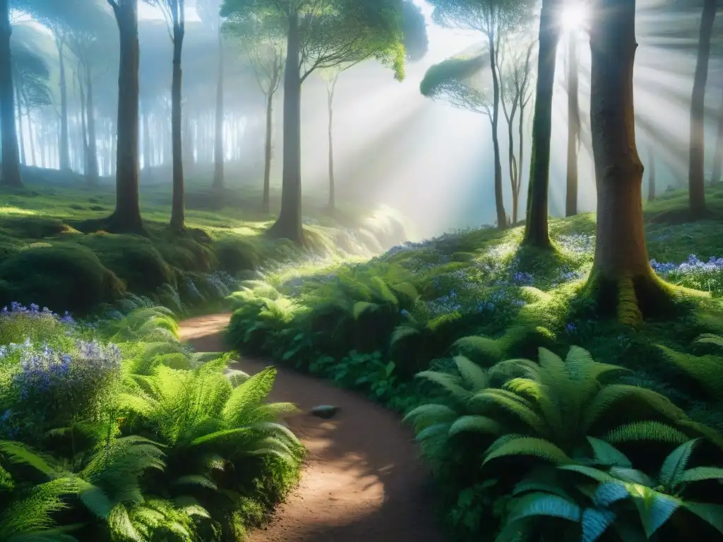 Sendero tranquilo en un bosque exuberante en Uruguay con flores silvestres