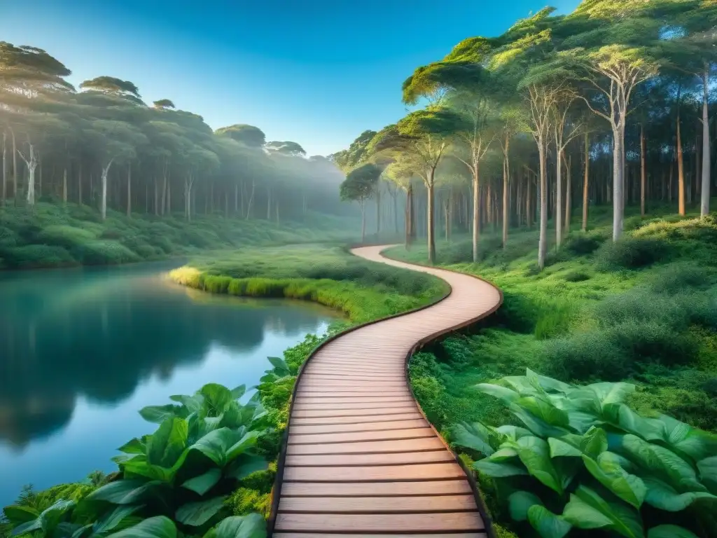 Senderos de madera atraviesan un bosque verde en Uruguay, con un lago tranquilo reflejando el cielo azul