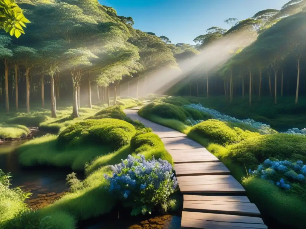 Senderos de naturaleza en Uruguay, bienestar y tranquilidad en un bosque exuberante con rayos de sol filtrándose entre los árboles