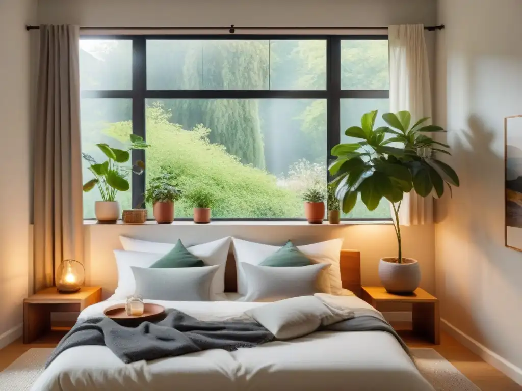 Habitación serena con vista a jardín, tonos neutros, cama acogedora y plantas