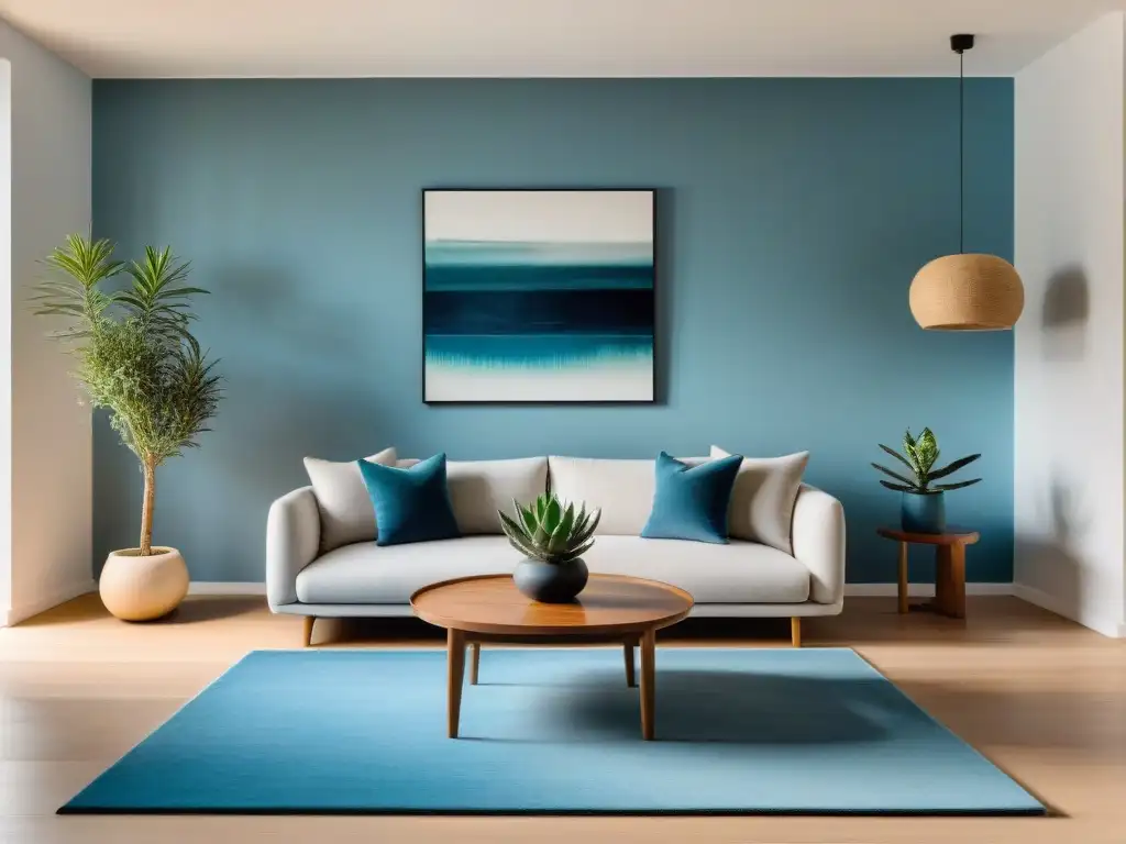 Serenidad en un salón minimalista en Uruguay con sofá blanco, mesa de cristal y arte abstracto en tonos azul y gris