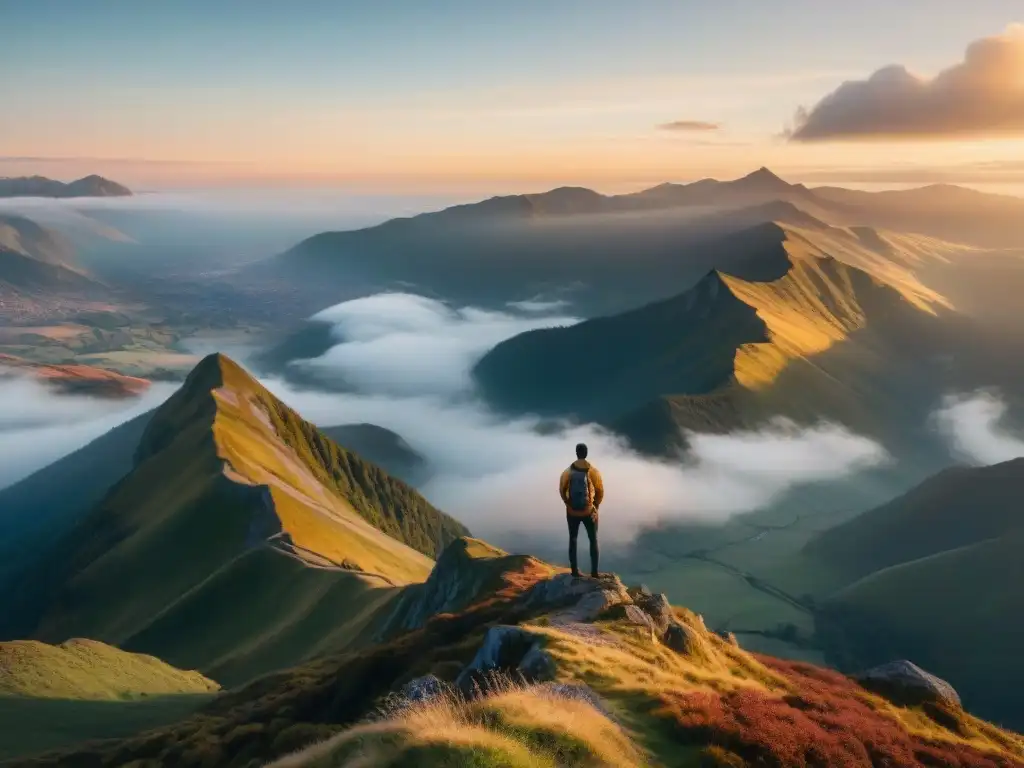 Un sereno paisaje con una persona en la cima de una montaña, reflejando logro y empoderamiento