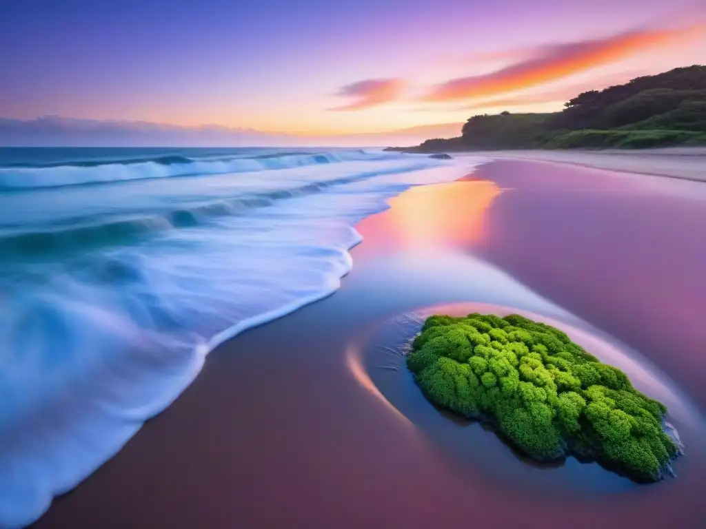 Amanecer sereno en playa de Uruguay, ideal para meditar y disfrutar de los beneficios del silencio