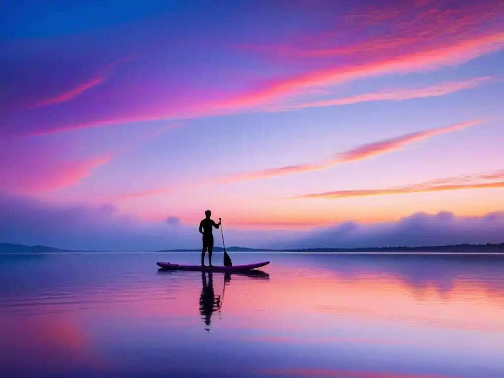 Amanecer sereno practicando mindfulness en el Río de la Plata, reflejos vibrantes en el agua