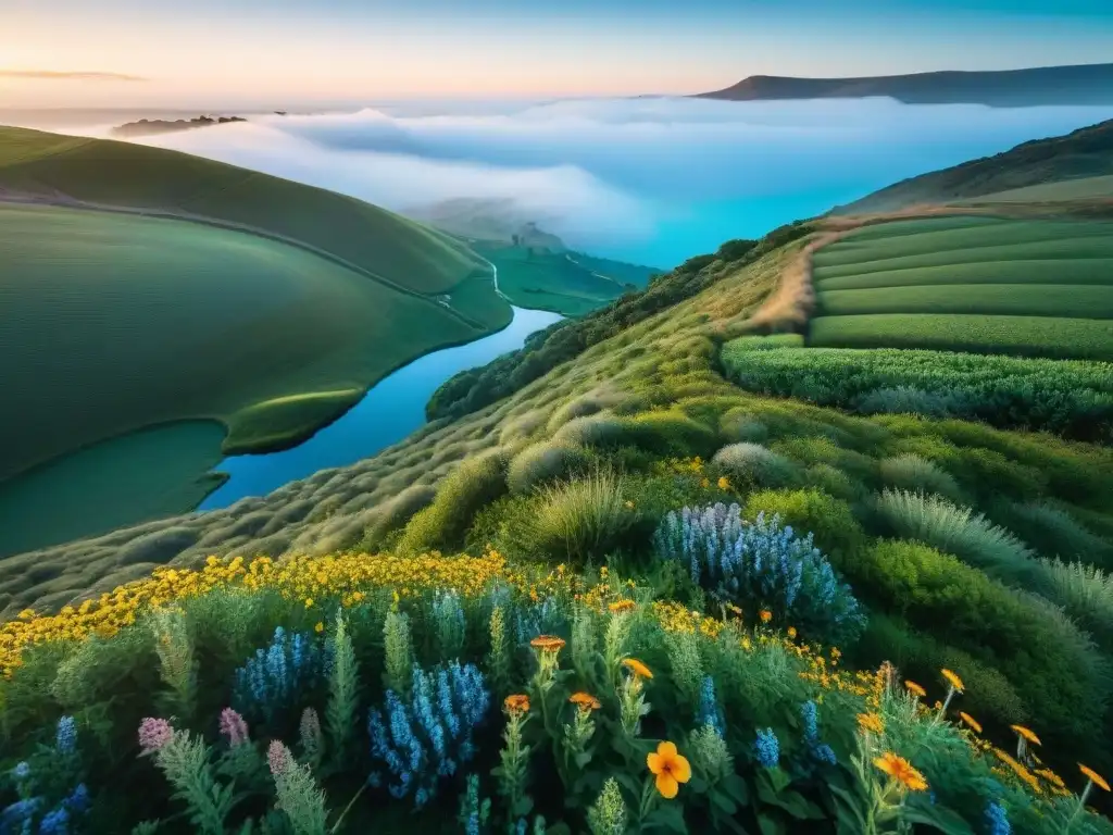 Amanecer sereno sobre verdes colinas de Uruguay, con flores silvestres y arroyo, reflejando la belleza natural de Uruguay