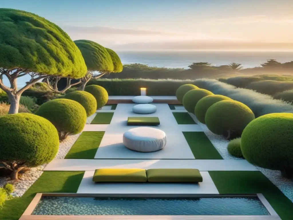 Jardín de meditación sereno con vista al mar en Punta del Este, Uruguay