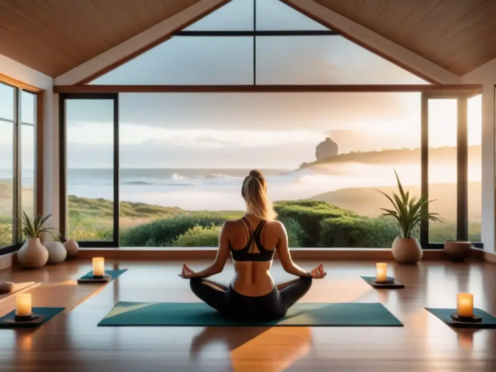 Una sesión de yoga para bienestar mental en Uruguay, con vista a la playa al amanecer