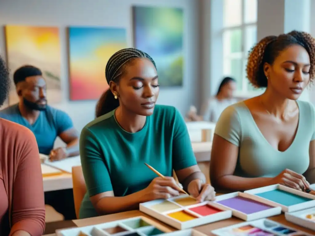 Una sesión de terapia artística para combatir estrés: diversas personas crean arte inmersas en un ambiente colorido y relajante