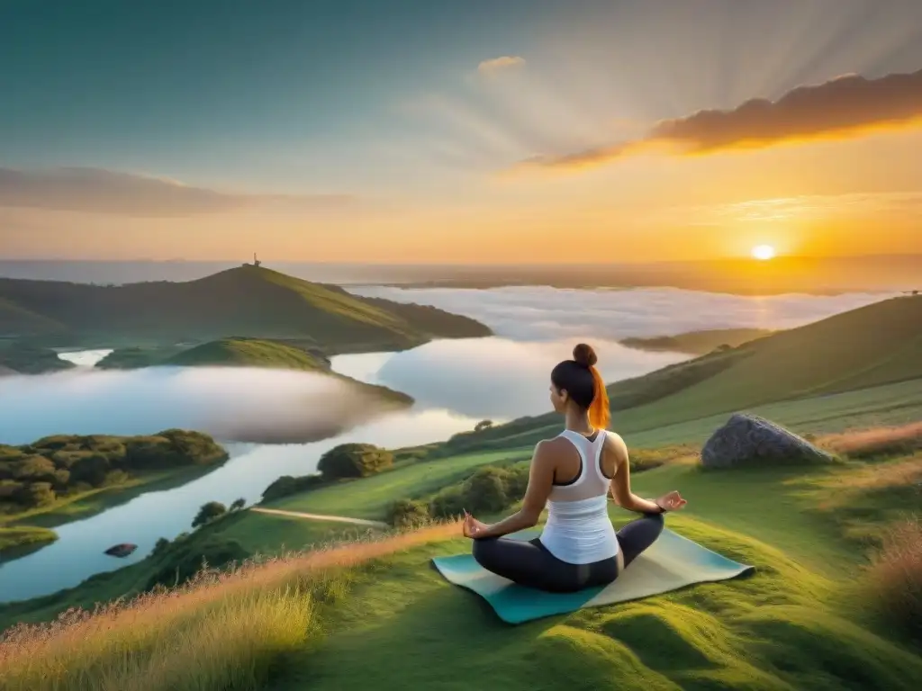 Silueta en yoga en colina verde con lago al atardecer