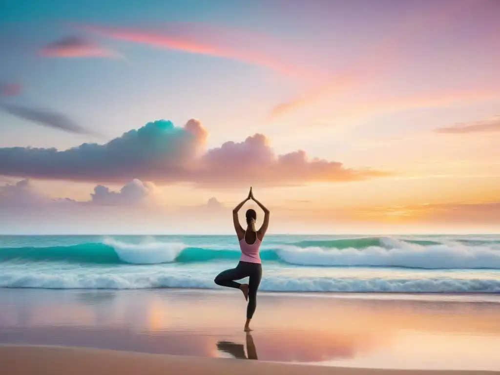 Silueta practicando ejercicios de estiramiento en la serena playa de Uruguay al atardecer