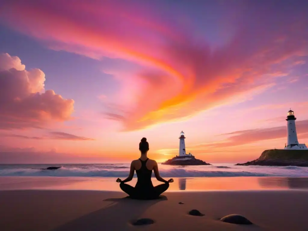 Silueta de persona practicando yoga en playa al atardecer, con cielos naranjas y rosados y un faro al fondo