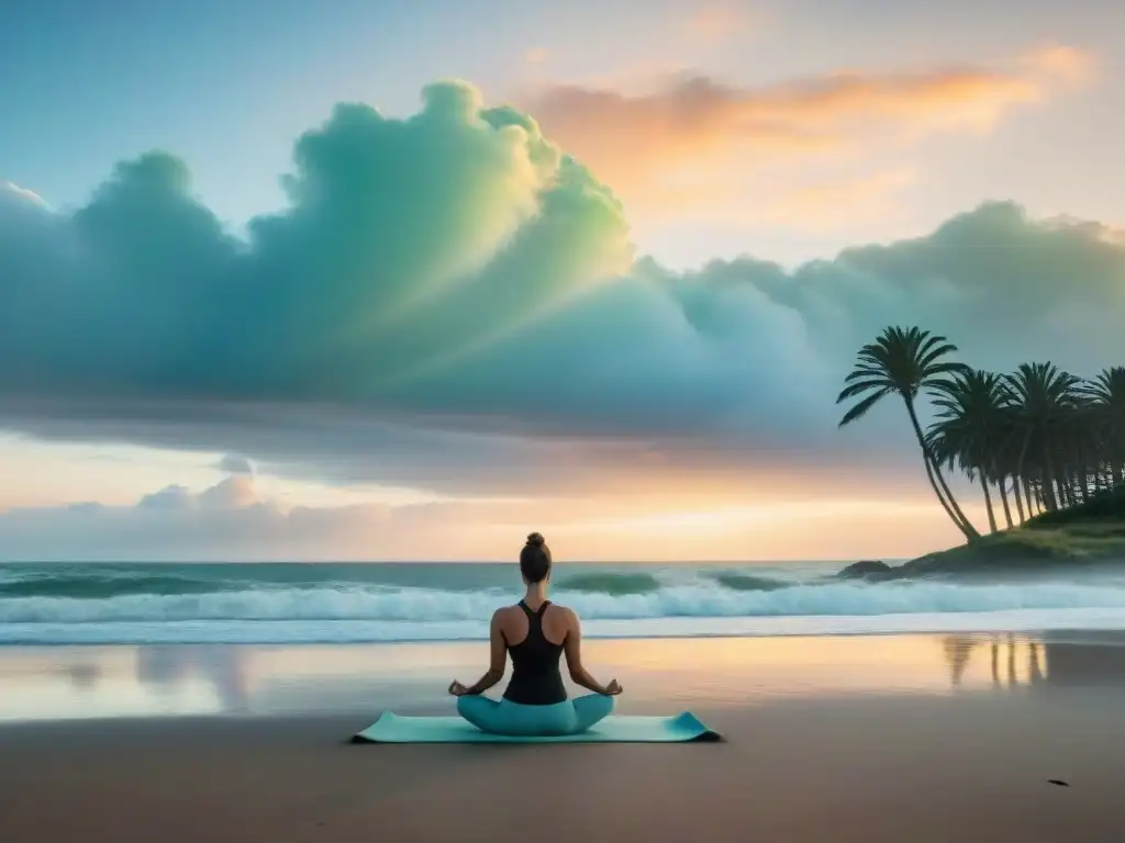 Silueta practicando Pilates al amanecer en la costa de Uruguay