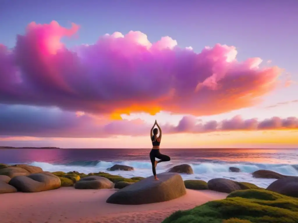 Silueta en postura de yoga al atardecer en Punta del Este, Uruguay